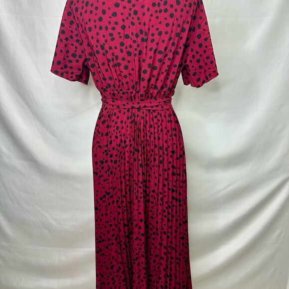 Dark Red Polka Dot Pleated Faux Wrap Dress Size L - Picture 9 of 13
